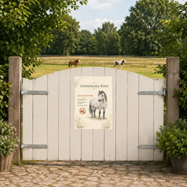 KI-generiertes Anwendungsbeispiel: Bitte nicht füttern Aufkleber mit Connemara-Pony an einer Stalltür im Hofbereich angebracht.