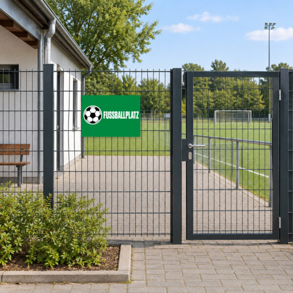 KI-generiertes Anwendungsbeispiel: FUSSBALLPLATZ Schild mit Ballmotiv im Querformat am passenden Einsatzort.