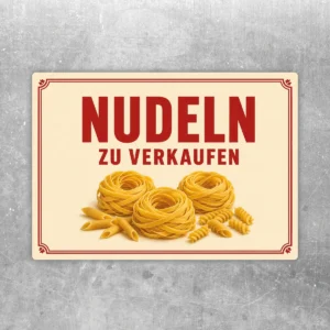 Nudeln zu verkaufen Aufkleber im Querformat mit roter Schrift, cremefarbenem Hintergrund und Pasta-Motiv für den Verkaufsbereich.