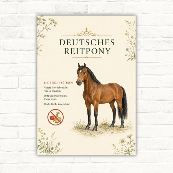 Bitte nicht füttern Schild mit Deutschem Reitpony und floralem Motiv als bedrucktes Aluschild für Stall, Weide und Hof.