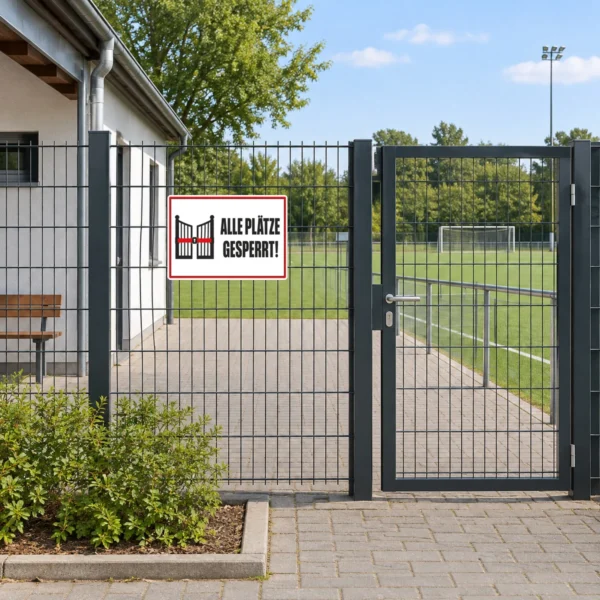 KI-generiertes Anwendungsbeispiel: Alle Plätze gesperrt Aufkleber gut sichtbar an einem Sportplatz-Zugang.