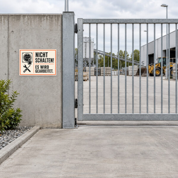 KI-generiertes Anwendungsbeispiel: Querformat-Warnschild mit dem Text „Nicht schalten! Es wird gearbeitet.“ für Technikraum oder Werkstatt.