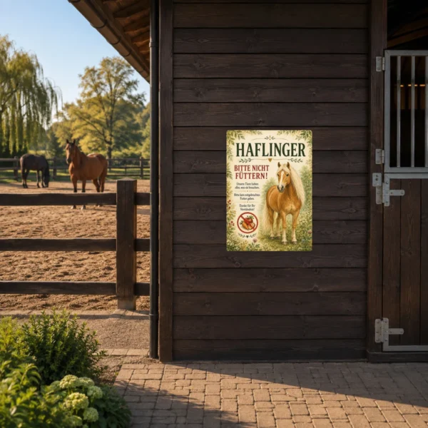 KI-generiertes Anwendungsbeispiel: Haflinger Bitte nicht füttern Aufkleber an einer Stalltür im landwirtschaftlichen Umfeld.