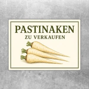 Pastinaken zu verkaufen Aufkleber mit drei Pastinaken in Creme und Grün auf hellem Hintergrund für den Gemüseverkauf.