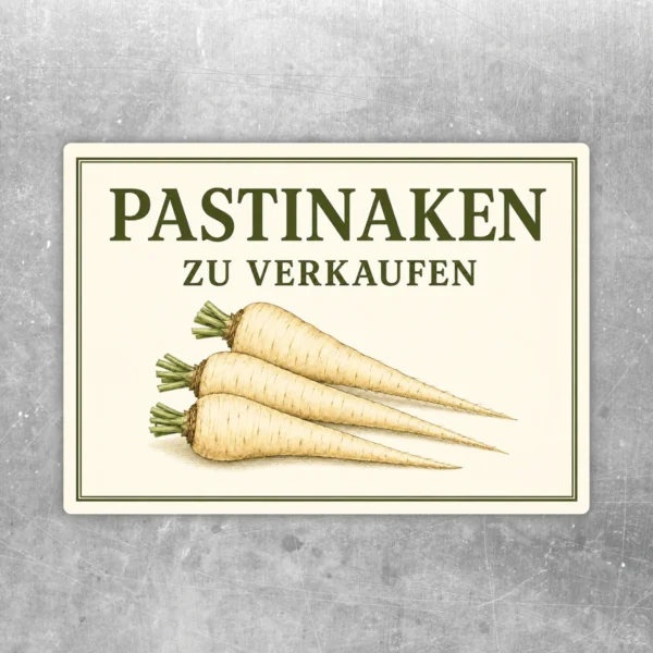 Pastinaken zu verkaufen Aufkleber mit drei Pastinaken in Creme und Grün auf hellem Hintergrund für den Gemüseverkauf.