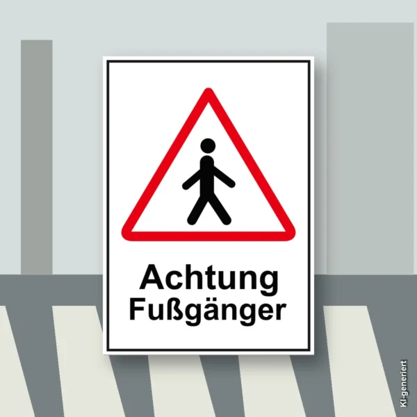 KI-generiertes Anwendungsbeispiel: Hochformatiger Achtung Fußgänger Aufkleber mit rotem Dreieck und schwarzer Fußgängerfigur an einem Durchgang.