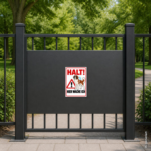 KI-generiertes Anwendungsbeispiel: Bernhardiner-Hundeschild mit „HALT! Hier wache ich“ als auffälliger Hinweis am Gartentor.