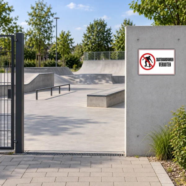 KI-generiertes Anwendungsbeispiel: Skateboardfahren verboten Aufkleber querformat auf grauem Untergrund mit rotem Symbol.