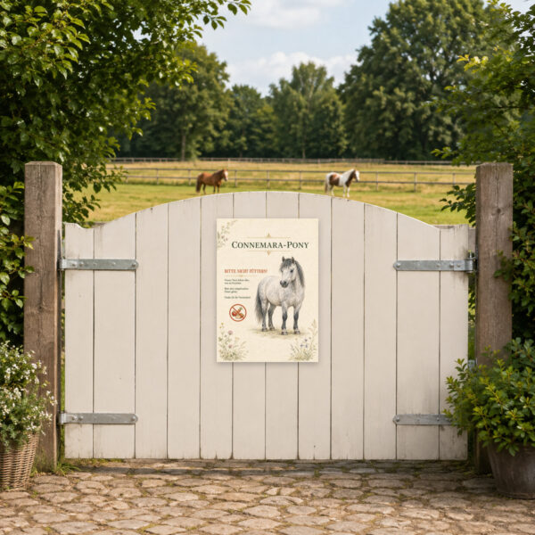 KI-generiertes Anwendungsbeispiel: Bitte nicht füttern Schild mit Connemara-Pony als Aluschild am Stallzaun eines Ponyhofs.
