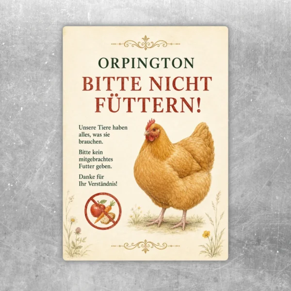 Orpington-Huhn Aufkleber mit dem Hinweis Bitte nicht füttern für Stall, Hofeingang oder Futterbereich.