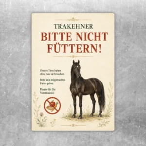 Trakehner Bitte nicht füttern Aufkleber mit Pferdemotiv, Fütterungsverbot und klassischer Gestaltung für Stall und Hof.