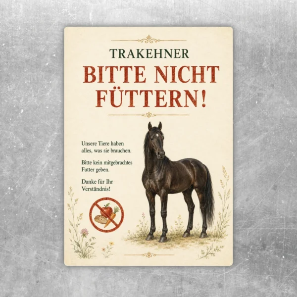 Trakehner Bitte nicht füttern Aufkleber mit Pferdemotiv, Fütterungsverbot und klassischer Gestaltung für Stall und Hof.