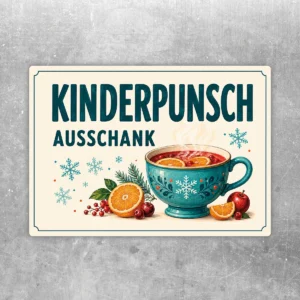 Kinderpunsch Ausschank Aufkleber mit türkisfarbener Tasse, Orangen, Beeren und Schneeflocken im winterlichen Querformat.