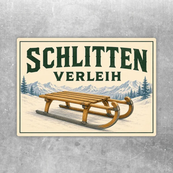 Schlitten Verleih Aufkleber mit Holzschlitten, Bergen und winterlicher Retro-Schrift in Grün und Beige.