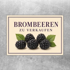 Beiger Brombeeren zu verkaufen Aufkleber mit violetter Schrift, schwarzen Brombeeren und grünen Blättern im Querformat.