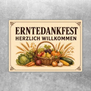 Erntedankfest Aufkleber mit Herzlich-Willkommen-Schriftzug und Erntekorb in warmen Herbstfarben auf hellem Hintergrund.