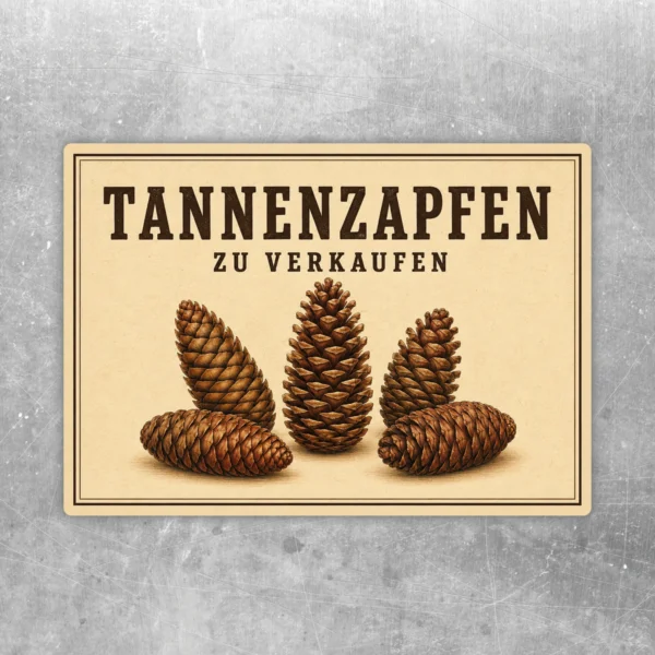 Tannenzapfen zu verkaufen Aufkleber mit fünf braunen Zapfen auf hellem Grund in horizontaler Ausführung.