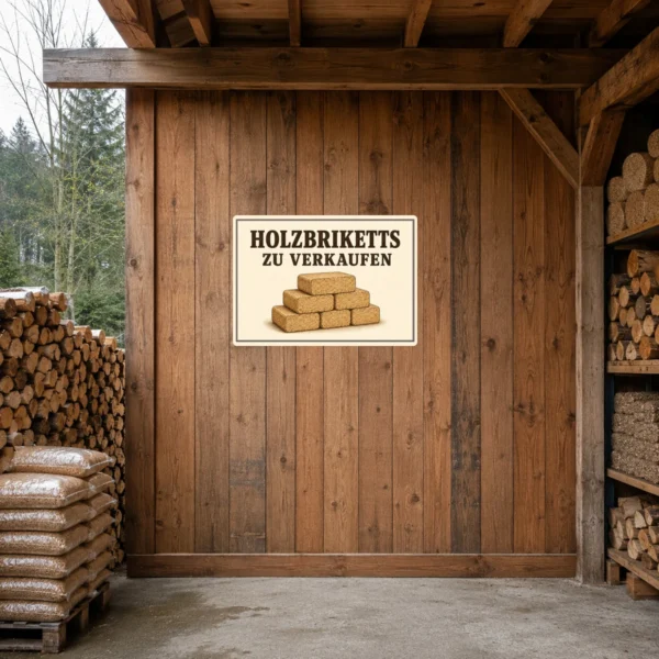 KI-generiertes Anwendungsbeispiel: Querformatiger Holzbriketts zu verkaufen Aufkleber an einer glatten Lagerfläche mit gestapelten Briketts.