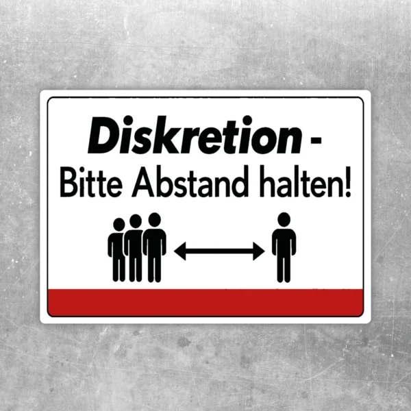 Querformatiger Diskretion Aufkleber mit Text „Bitte Abstand halten!“, Piktogrammen, Doppelpfeil und rotem Balken.