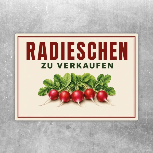 Radieschen zu verkaufen Aufkleber mit roten Radieschen und grünem Blattwerk auf cremefarbenem Hintergrund im Querformat.