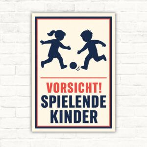 Vorsicht spielende Kinder Schild mit gut lesbarem Motiv und klarer Beschriftung als bedrucktes Schild aus Aluminium-Verbundplatte.