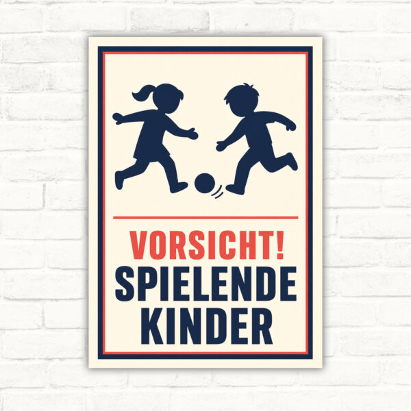 Vorsicht spielende Kinder Schild mit gut lesbarem Motiv und klarer Beschriftung als bedrucktes Schild aus Aluminium-Verbundplatte.