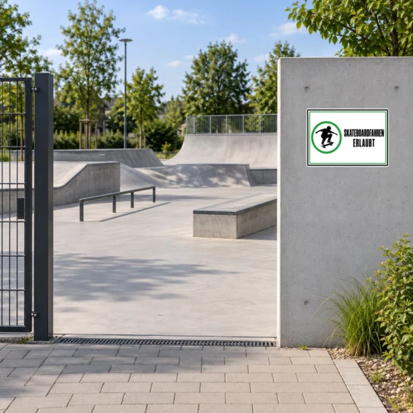 KI-generiertes Anwendungsbeispiel: Skateboardfahren erlaubt Aufkleber auf grauer Fläche mit grünem Rahmen und Skater-Symbol.