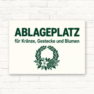 Ablageplatz für Kränze, Gestecke und Blumen Schild – Querformat als Standard-Mockup mit gut lesbarem Friedhofsmotiv.