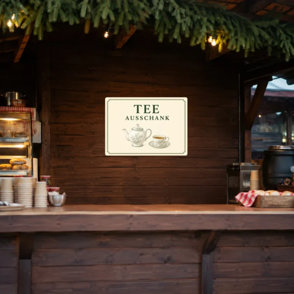 KI-generiertes Anwendungsbeispiel: beiger Tee Ausschank Aufkleber mit Teekanne und Tasse auf einer Café-Thekenfront im Querformat.