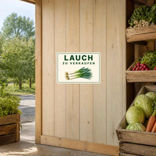 KI-generiertes Anwendungsbeispiel: Querformatiger Lauch zu verkaufen Aufkleber mit drei Lauchstangen für den Gemüseverkauf am Marktstand.