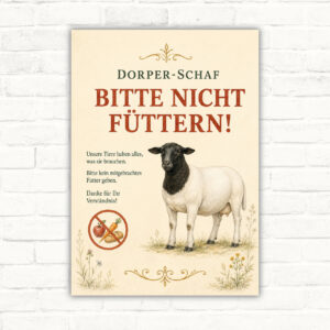 Dorper-Schaf Bitte nicht füttern Schild mit Schafmotiv, großem Hinweistext und Pflanzenornamenten als Hinweisschild für den Hof.