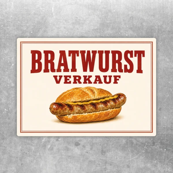 Bratwurst Verkauf Aufkleber mit Brötchen und gebräunter Wurst in rot-beiger Gestaltung auf hellem Hintergrund.