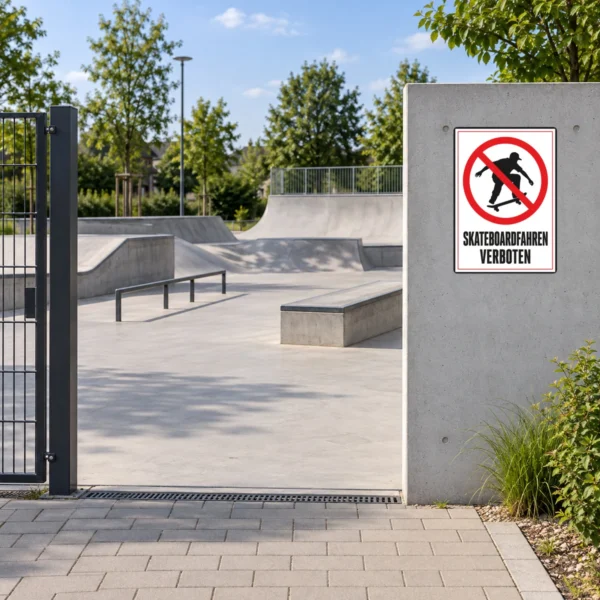 KI-generiertes Anwendungsbeispiel: Skateboardfahren verboten Aufkleber auf grauem Untergrund mit rotem Symbol und schwarzem Text.