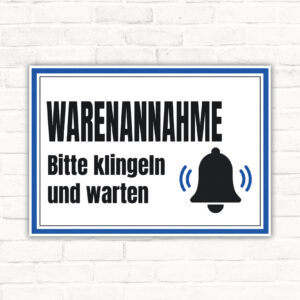 Warenannahme Schild mit Glocken-Symbol und dem Text „Bitte klingeln und warten“ als Querformat.