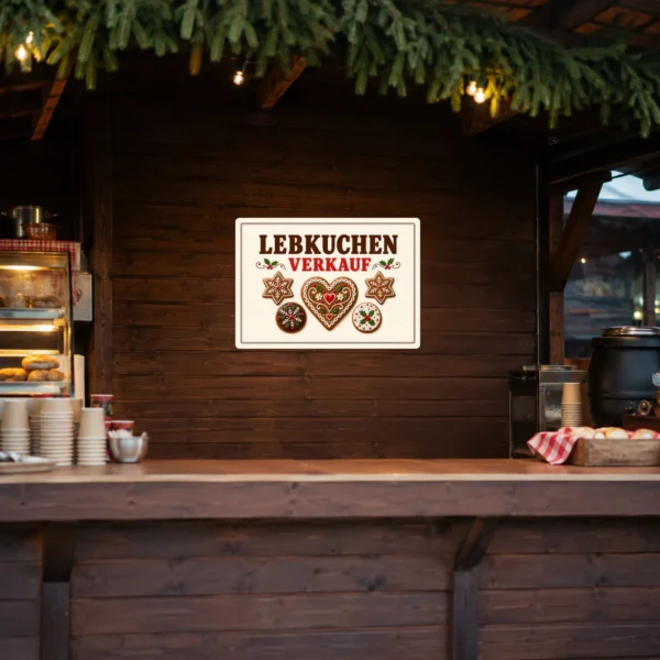 KI-generiertes Anwendungsbeispiel: Lebkuchen Verkauf Aufkleber auf einer hellen Verkaufsfläche mit Sternen, Herzen und weihnachtlicher Optik.