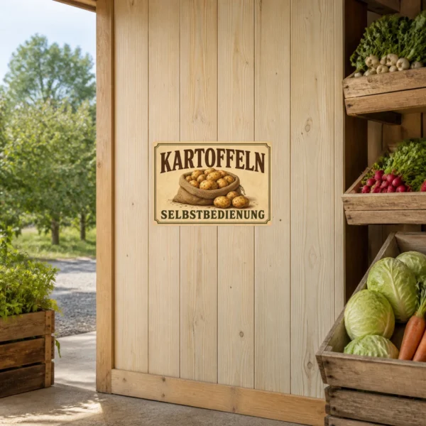KI-generiertes Anwendungsbeispiel: Kartoffeln Selbstbedienung Aufkleber an einer Hofladen-Entnahmestelle mit rustikalem Kartoffelsack-Motiv.