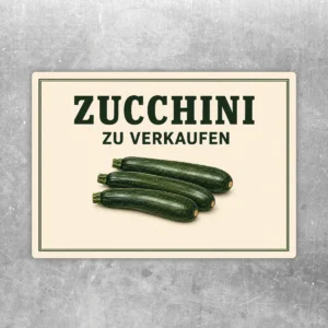 Zucchini zu verkaufen Aufkleber mit grünem Schriftzug und drei Zucchini auf hellem Hintergrund im Querformat.
