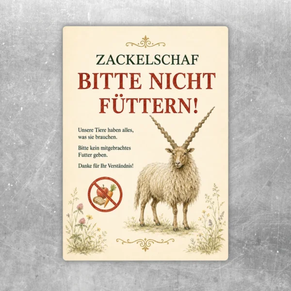 Zackelschaf Bitte nicht füttern Aufkleber mit großem Warntext und naturgetreuem Schafmotiv für Stall und Weide.