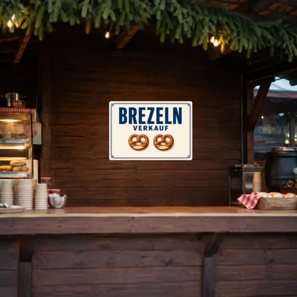 KI-generiertes Anwendungsbeispiel: Brezeln Verkauf Aufkleber mit zwei Brezeln auf heller Fläche für Bäckerei und Theke.