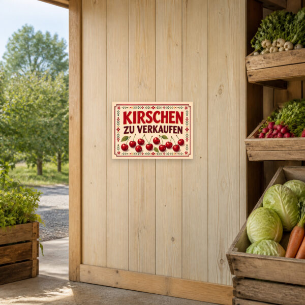 KI-generiertes Anwendungsbeispiel: Querformat-Schild mit „Kirschen zu verkaufen“ und roten Kirschen für Hofladen oder Verkaufsstand.