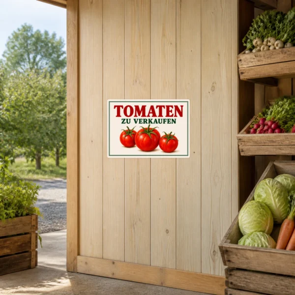 KI-generiertes Anwendungsbeispiel: Tomaten zu verkaufen Aufkleber im Querformat mit roten Tomaten und grünem Schriftzug auf cremefarbenem Grund.