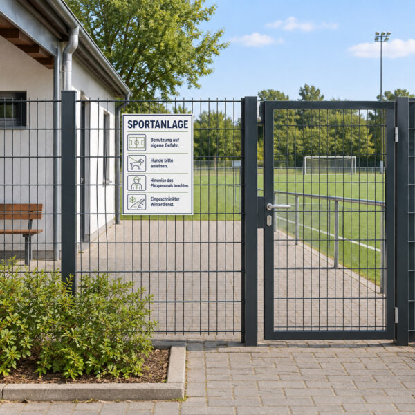 KI-generiertes Anwendungsbeispiel: Sportanlage-Schild mit Platzregeln und eingeschränktem Winterdienst am passenden Einsatzort mit gut sichtbarem Motiv und klarer Beschriftung.