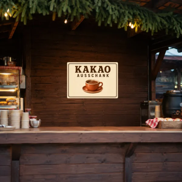 KI-generiertes Anwendungsbeispiel: Kakao Ausschank Aufkleber in Beige und Braun auf einer Theke im Café mit warmer, klassischer Wirkung.
