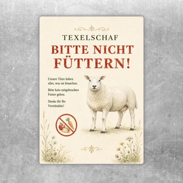Bitte nicht füttern Aufkleber mit Texelschaf, roter Hinweistext und cremefarbenem Naturmotiv für Hof und Stall.