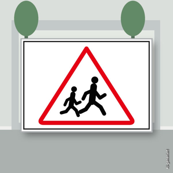 KI-generiertes Anwendungsbeispiel: Warnschild Achtung Kinder mit rotem Dreieck und zwei laufenden Figuren an einer privaten Zufahrt.