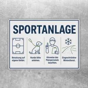Sportanlage Aufkleber im Querformat mit Symbolen zu Platzregeln, Hunde anleinen und eingeschränktem Winterdienst.