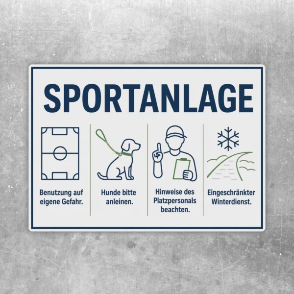 Sportanlage Aufkleber im Querformat mit Symbolen zu Platzregeln, Hunde anleinen und eingeschränktem Winterdienst.
