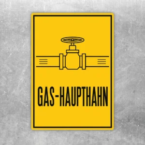 Gelb-schwarzer Gas-Haupthahn Aufkleber im Hochformat mit Ventilsymbol und großem Text zur Kennzeichnung eines Absperrventils.