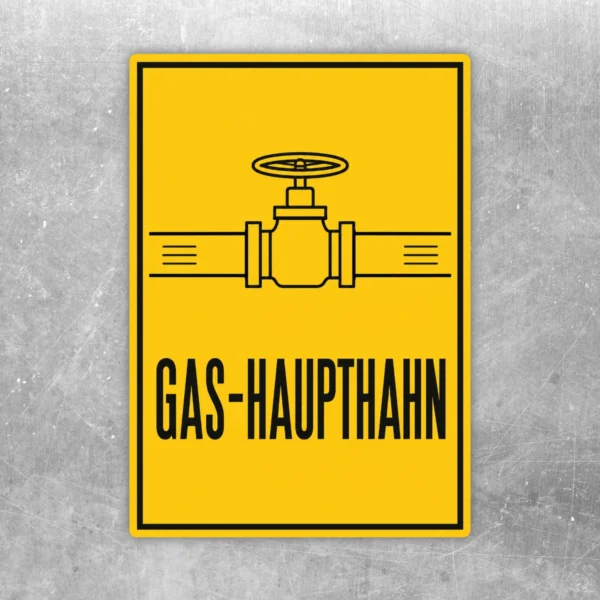 Gelb-schwarzer Gas-Haupthahn Aufkleber im Hochformat mit Ventilsymbol und großem Text zur Kennzeichnung eines Absperrventils.