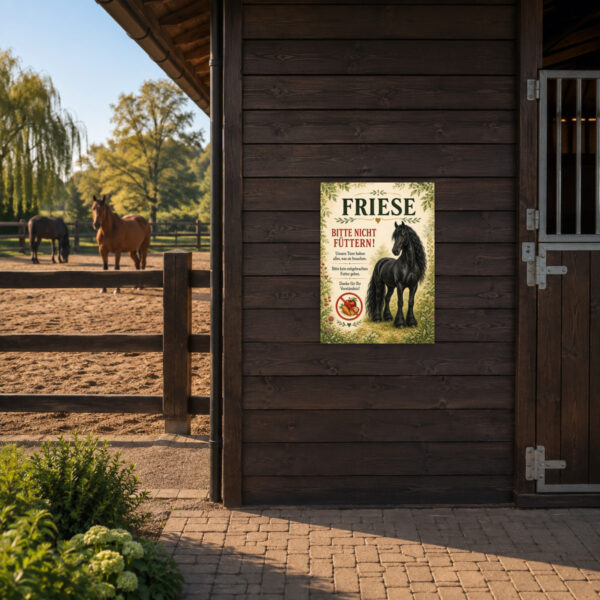 KI-generiertes Anwendungsbeispiel: Friese bitte nicht füttern Schild am Weidetor mit schwarzem Friesen und gut lesbarem Hinweis.